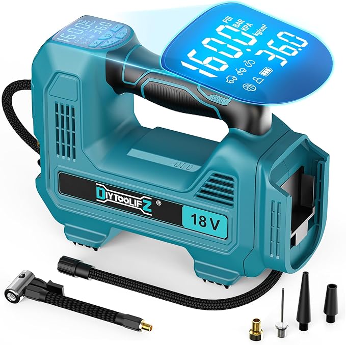 DIYtoolifz 160PSI Cordless Tire Inflator Compatible with Makita 18V Air Compressor, Portable Air Pump Automatic Shut Off, LED Light, Digital Pressure Gauge for Cars Motorcycles Bike Ball (Bare Tool)