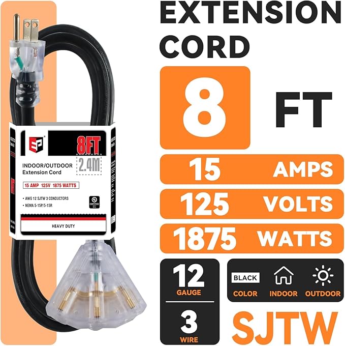EP 8 Ft 12 Gauge Heavy Duty Extension Cord, 15A 125V 1875W, 3 Outlet Indoor/Outdoor Power Cord with Lighted End, 12/3 SJTW Weatherproof Black