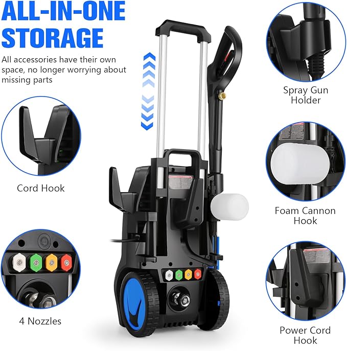 5000PSI Heavy Duty Pressure Cleaner with 33FT Hose, 4 Quick Connect Nozzles and Foam Cannon for Cars/Fences/Driveways/Patios/Home Cleaning, Deep Blue