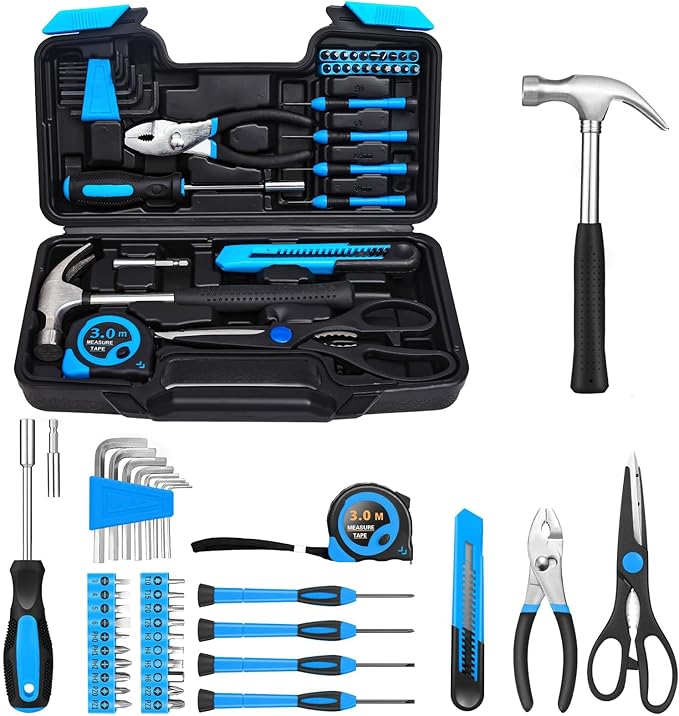 39 Piece Basic Home Tool Set Household Tool Set General Repair Small Hand Tool Kit in Toolbox Storage Case for Home Garage Office College Dormitory Use, Blue
