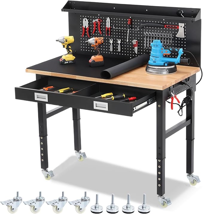 ENJOYWOOD 48" x 24" Rolling Workbench Adjustable Height Work Table with Wheels, Drawers, Pegboard and Power Outlets Heavy Duty Rubberwood Top for Garage, Workshop & Home