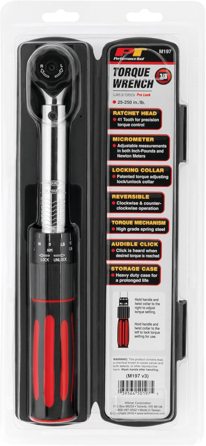 Performance Tool M197 3/8-Inch Drive Torque Wrench 250 inch/lb. - Dual Scale, Audible Click, Precision Ratchet