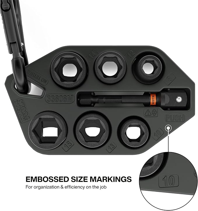 Klein Tools 33808M Grab-And-Go Impact Socket Set, Metric, 7-Piece Set with Sleeve, Carabiner, 3/8-Inch Drive, Color-Coded 8 mm, 10 mm, 12 mm, 13 mm, 14 mm, 15 mm Sockets
