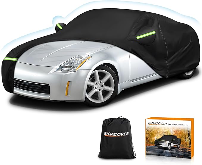 Car Cover Waterproof for 2003-2009 Nissan 350Z, Waterproof 210D Oxford Cloth and Cotton Cover Outdoor Full Car Covers with Zipper Windproof Heavy Duty All Weather with Wind, Sun, UV and Dust Protectio