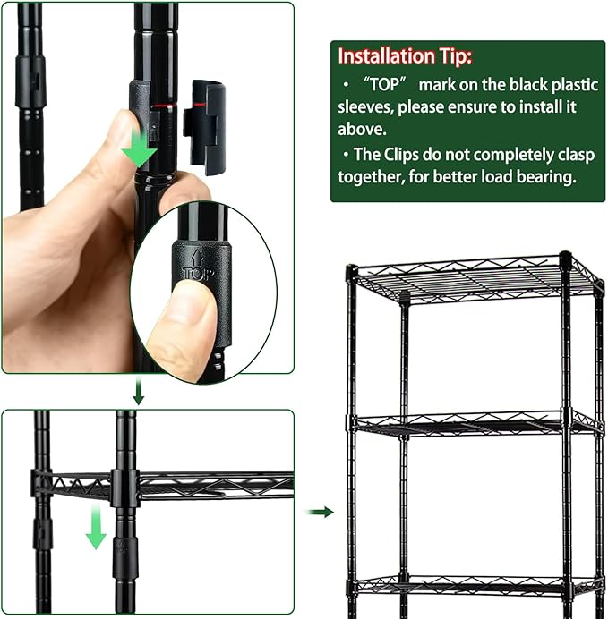 6-Wire Shelving Adjustable Shelves, Standing Storage Shelf for Laundry Bathroom Kitchen Pantry Closet Organization (Glossy Black, 16.6" L x 11.4" W x 64.6" H)