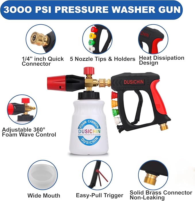 DUSICHIN Foam Cannon Short Pressure Washer Gun 1/4 Inch Quick Connector,5 Pressure Washer Nozzle Tips Car Wash Foam Gun 3/8'' Swivel Quick Connector,M22-14mm M22-15mm Fitting,Not Use with Garden Hose