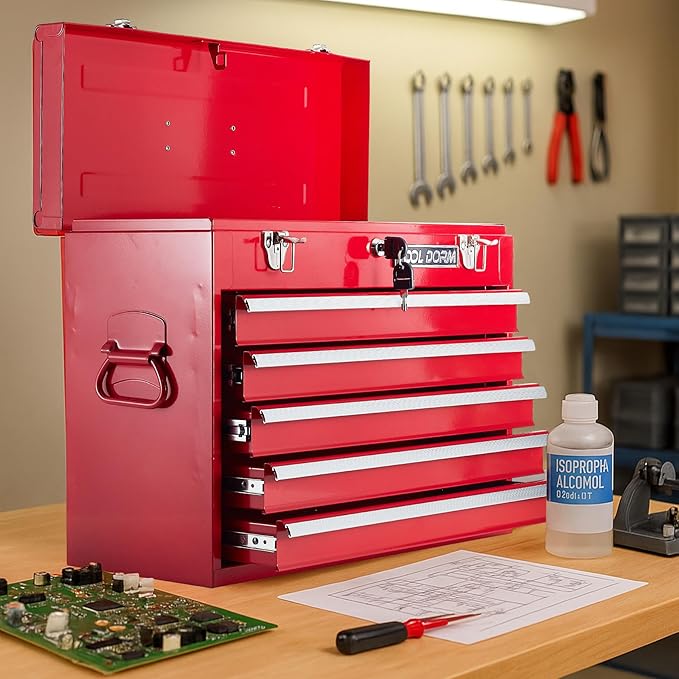 Metal Tool Box with 5 Drawers Portable Steel Tool Chest with Metal Cylinder Lock and Latch Closure, Liner, Red Powder coating, suitable for Garage, Warehouse and Outdoor Repair job