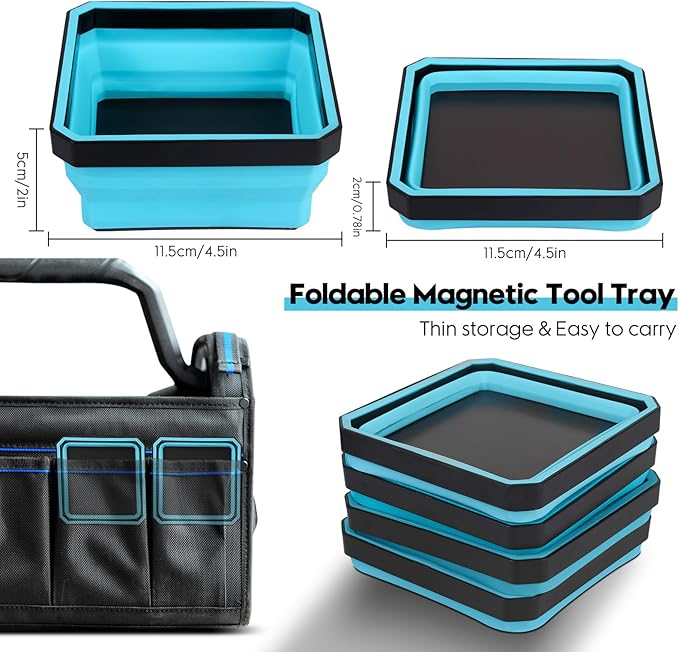 Collapsible Parts Tray Set, 4 Pack New Version Magnetic Tool Trays for Screw Bolts Nuts Washers Pins & Small Metal Parts-4.5' Square Silicone Bowls with Double Sided Magnetic Base(Sky Blue)