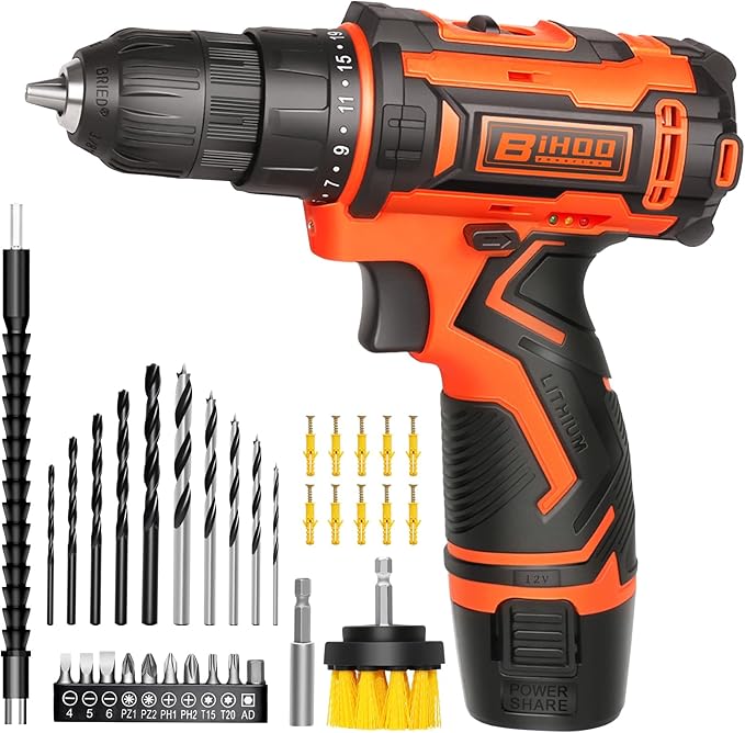 Cordless Drill Driver Set 12V,3/8"Keyless Chuck Battery Drill Kit,2 Variable Speed and 43pcs Drills Bits for Home DIY