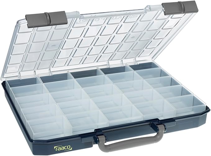 Raaco CarryLite Slim Small Parts Organizer Box – 2.3 Inch Height – 25 Inserts – Anti-Mix U-Profile Lid for Screws, Bolts & Nuts – Secure Sliding Lock – Portable Hardware & Tool Storage (CarryLite 55)