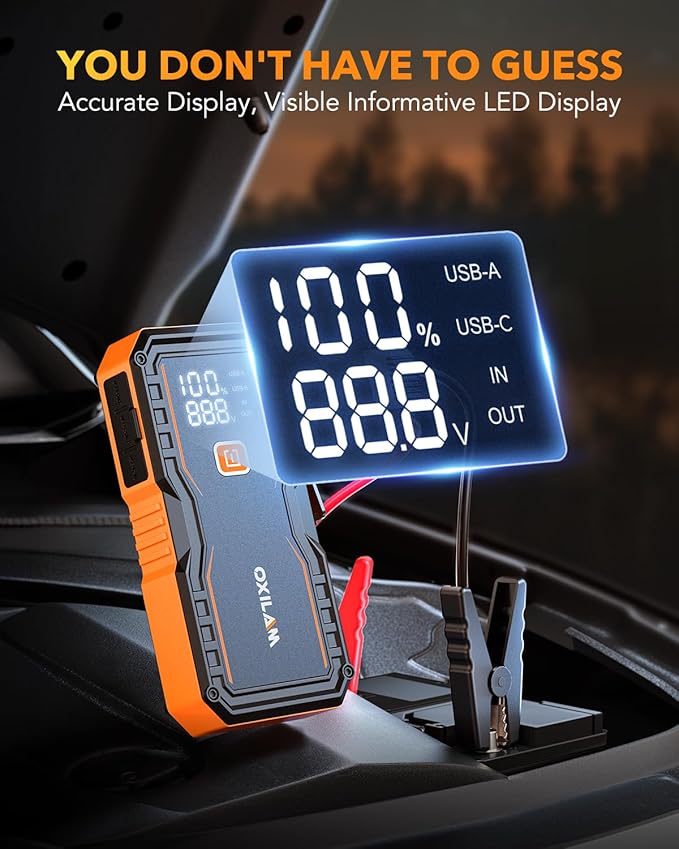 OXILAM Jump Starter 6000A for All Gas/12L Diesel, Car Battery Jumper Starter Portable, 12V Lithium Jump Box with Jumper Cables, LED Display, LED Light, Power Bank with USB, Type C Port