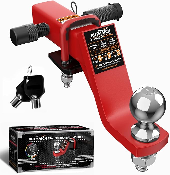 AUTMATCH Trailer Hitch Ball Mount with 2 Inch Hitch Ball - Fits 2" Receiver with Hitch Tightener, 8000Lbs Capacity Ball Hitch, 6-Inch Drop with 5/8" Hitch Lock Pin, Red