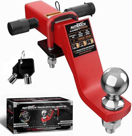 AUTMATCH Trailer Hitch Ball Mount with 2 Inch Hitch Ball - Fits 2" Receiver with Hitch Tightener, 8000Lbs Capacity Ball Hitch, 6-Inch Drop with 5/8" Hitch Lock Pin, Red