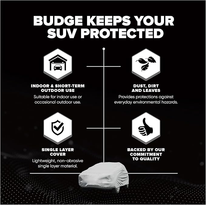Budge Lite SUV Car Cover, Single-Layer Breathable Indoor Dust Proof Protection, Lightweight Non-Abrasive Fabric, Fits SUVs up to 229" L x 68" W x 67.5" H, Gray