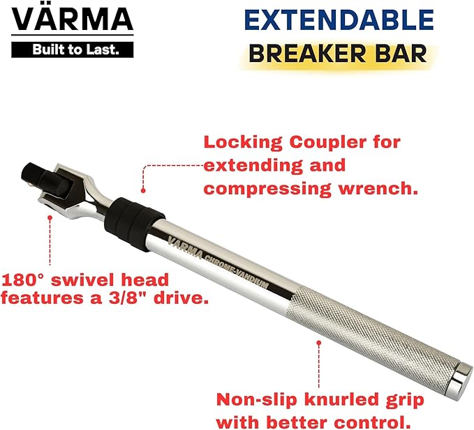 3/8" Drive Breaker Bar – 8.5–12.5" 4-Stage Extendable Handle, 180° Flex Head, Chrome Vanadium, High Torque