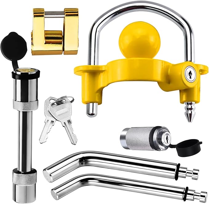 Funmit Trailer Hitch Security Lock Set Including Yellow U-Shaped Universal Ball Hitch Lock, 1/2" and 5/8" Receiver Hitch Pin Lock, Golden Trailer Hitch Lock Coupler Locking Pin, Share the Same 2 Keys