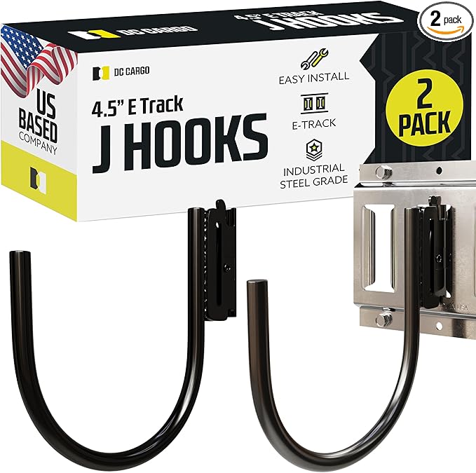 DC Cargo - E Track J Hooks (4.5" - 2 Pack) - Large Heavy Duty ETrack Accessories - Hanging Hooks for Your Rail System - Use in Enclosed Trailers, Box Trucks, Vans, Garage, Workshop & Warehous