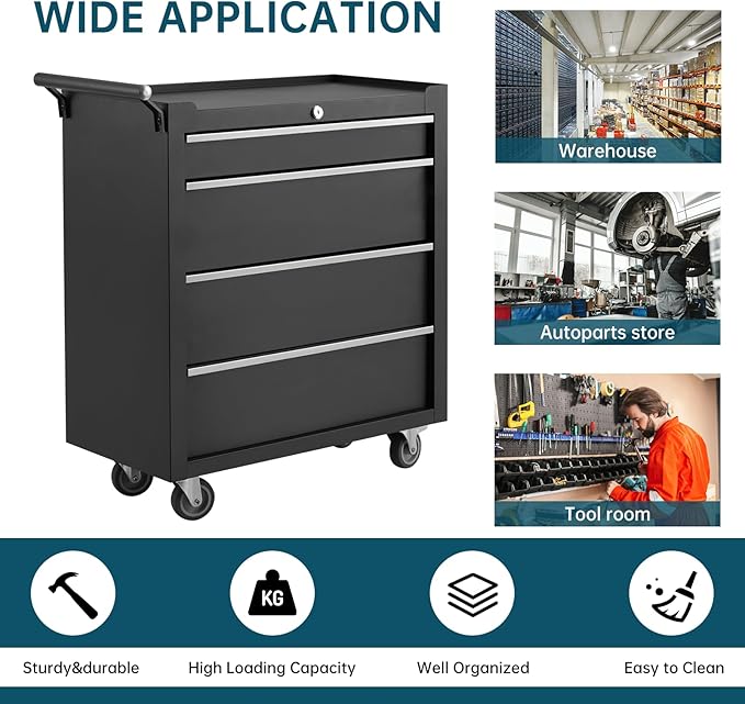 GarveeLife 4-Drawer Tool Box 24" Garage Tool Box with Key Lock and Removable Drawer Liners, Wheeled Design, Suitable for Garages, Warehouses, Workshops, and Repair Shops - Black