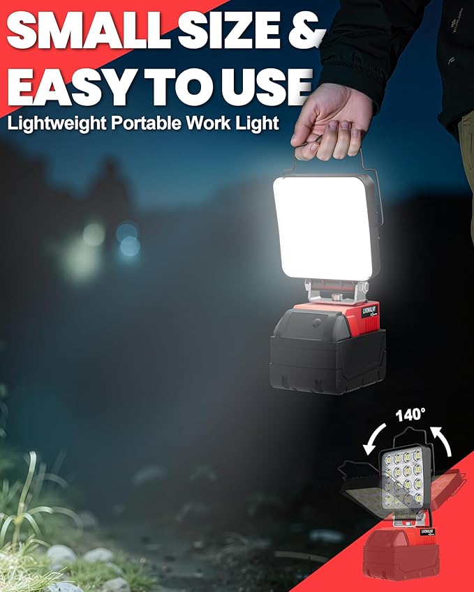 LIVOWALNY Portable LED Work Light Compatible with Milwaukee Battery, 112W 11200LM Flashlight with Low Voltage Protection and USB & Type C Charger Port, Handheld Flood Light for Construction, Emergency
