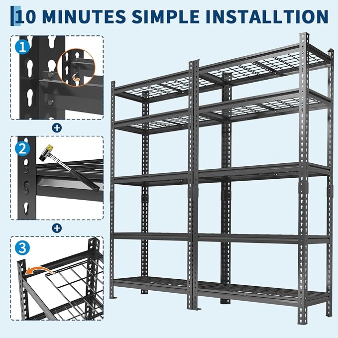 Garage Shelving 2200 LBS Storage Shelves Adjustable Metal Shelving Unit Heavy Duty 5 Tier Metal Shelves for Garage Kitchen Pantry Warehouse Basement, 36" W × 16" D × 72" H, 2 Pack