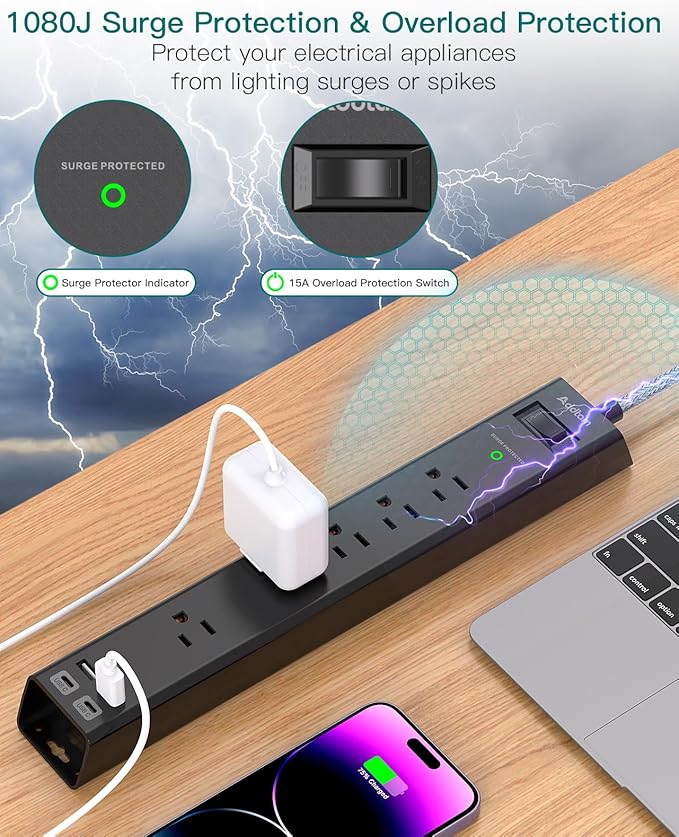 10Ft Surge Protector Power Strip - Extension Cord with Multiple Outlets, 5 Widely Outlets 4 USB Ports, Wall Mount, Flat Plug, Desk Charging Station for Home Office College Dorm Room Essentials