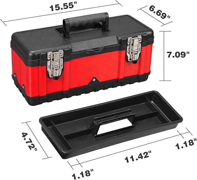 Jack Boss Steel Tool Box 15.5 Inch Small Portable Tool Organizer Box with Built-in Short Non-slip Handle Car Box with Removable tray