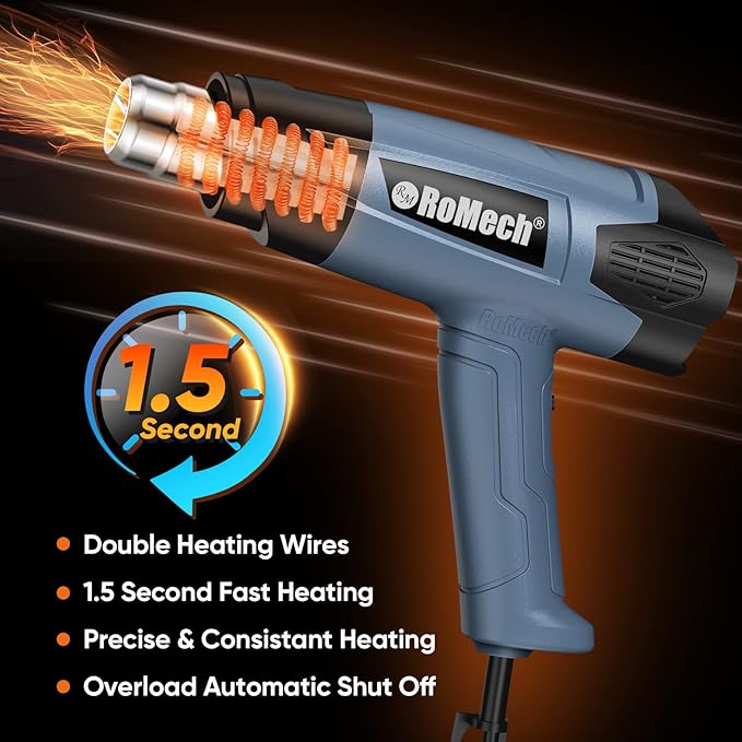 ROMECH 1500W Heavy Duty Heat Gun with 4 Nozzles + 350W Heat Gun with 2 Nozzles