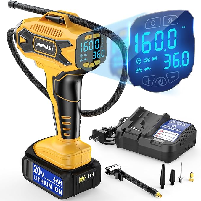 160PSI Cordless Tire Inflator Air Compressor Compatible With Dewalt 20V Battery: LIVOWALNY Portable Handheld Air Pump with Digital Pressure Gauge for Cars Motorcycles Bikes Sport Balls Auto