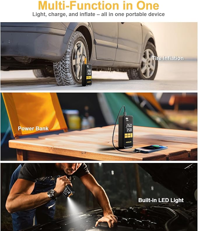 MODARI Tire Inflator Portable Air Compressor - 4X Faster 160 PSI Portable Air Pump for Cars - Cordless Tire Inflators with Gauge - Portable Tire Inflator for Car, Pickup, Bike and More