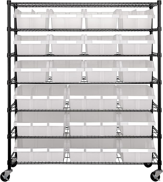 Seville Classics Heavy Duty NSF Bin Rack Solid Steel Wire Shelving Storage Unit, Patented Organizer for Garage, Warehouse, Office, Restaurant, Classroom, Kitchen, Translucent, Includes 21 Bins