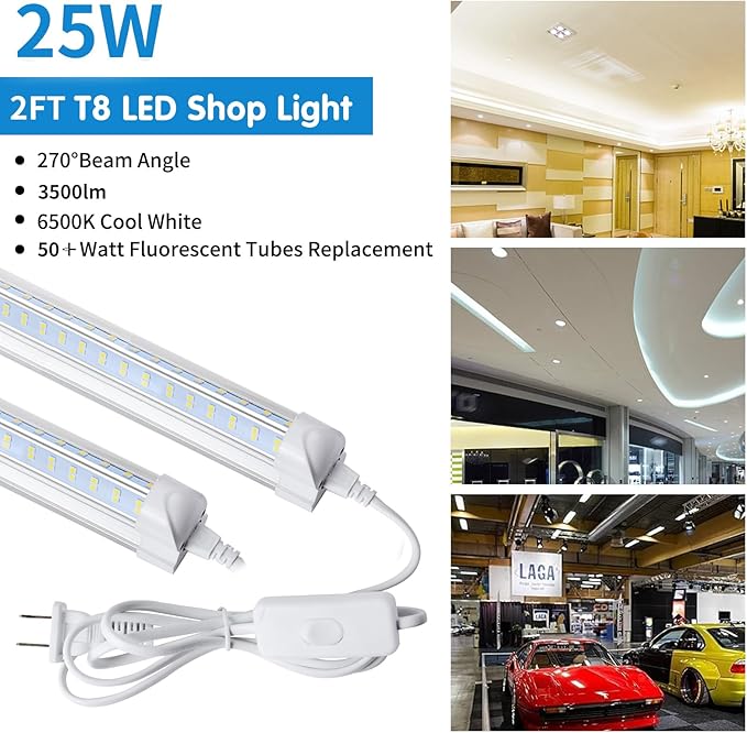 AQIQUUT Led Shop Light 2ft, Led Shop Light,25W 6500K 3200LM Clear Cover,T8 LED Light Fixture,Ceiling and Utility Shop Lights, Linkable Light Fixture for Room, Garage, Workbench, Warehouse(2-Pack)