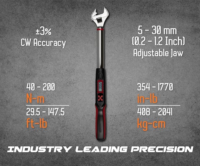 Tapha Tools Adjustable Digital Torque Wrench 7.4-147.5 ft-lbs (10-200 N-m) Torque Range, 5-30 mm Adjustable Jaw, LED and Buzzer Notification, Preset Memory, ISO 6789 Tested and Calibrated