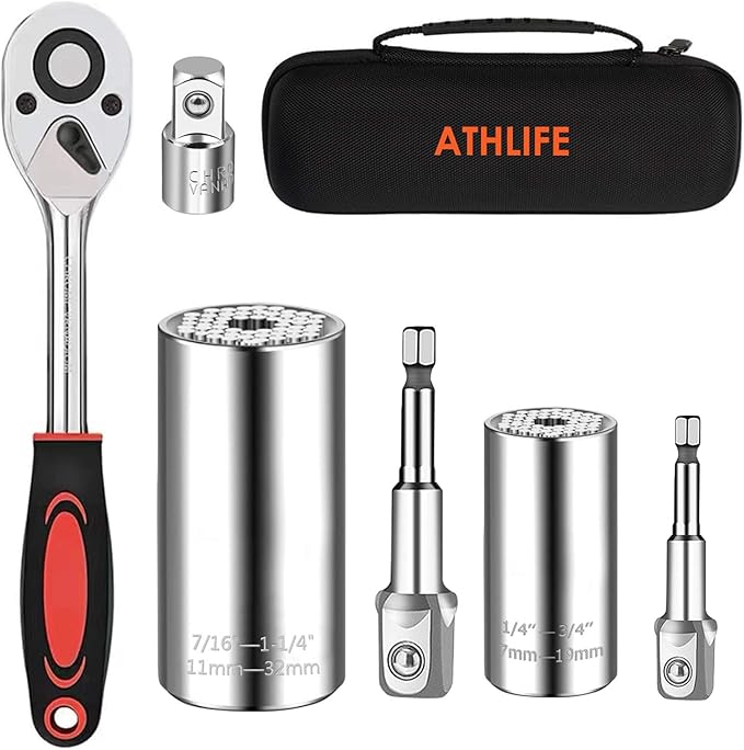 Universal Socket Wrench Set (11-32mm 7-19mm) Professional Sockets Tools Multi-function Wrench Repair Tool Kit with 3/8 inch Ratchet Wrench & Power Drill Adapter Chrome Vanadium Steel
