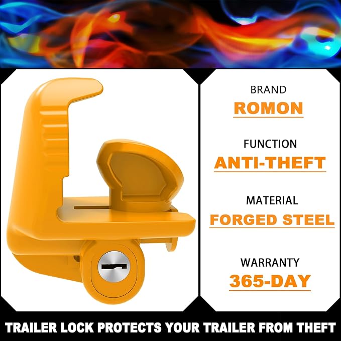 ROMON Yellow Trailer Hitch Locks with Keys, Universal Size Fit 1-7/8", 2", and 2-5/16" Coupler, Adjustable Heavy Duty Steel Trailer Tongue Lock for Boat, Trailers and RV, Anti-Theft Hitches, 1 Pack