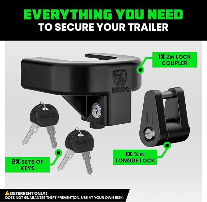 Rhino USA Trailer Hitch Lock Kit (for 2" Trailers) Heavy Duty Anti Theft Trailer Coupler Locks for RV, Camper, Trailer, Boat, Caravan - Reinforced Solid Steel Tow Lock for Trailer Tongue