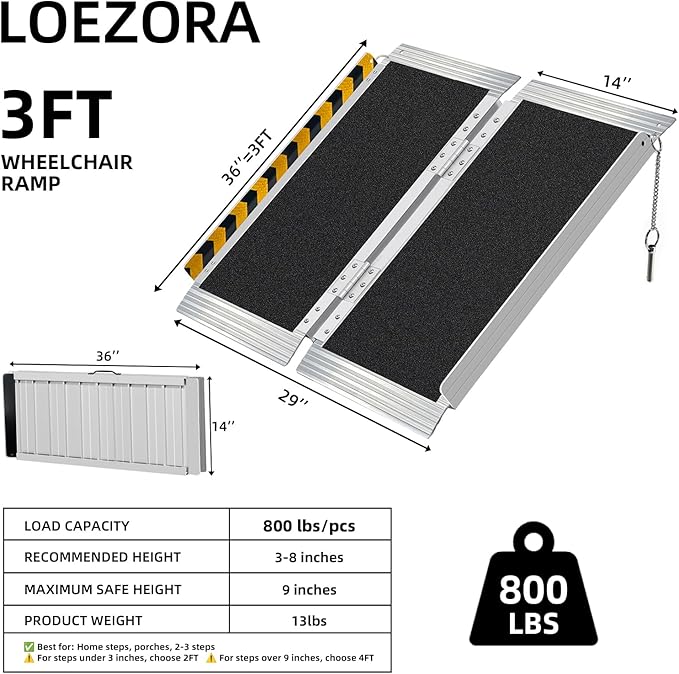 3FT Wheelchair Ramp for Home Steps & Porches (3-8 Inch Height) - Heavy-Duty Aluminum Ramp with Carry Handle, 800 lbs Capacity, Non-Slip Surface, Not Recommended for Low Door Thresholds