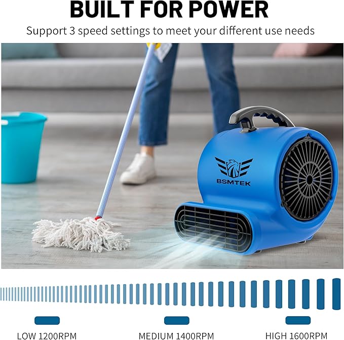 Air Mover Blower Fan, Industrial 1/3HP 1200CFM Monster Floor Blower Carpet Dryers - 3 Speeds Switch, 4 Adjustable Angles, 10FT Long Cord, Stackable - 2026 Upgraded
