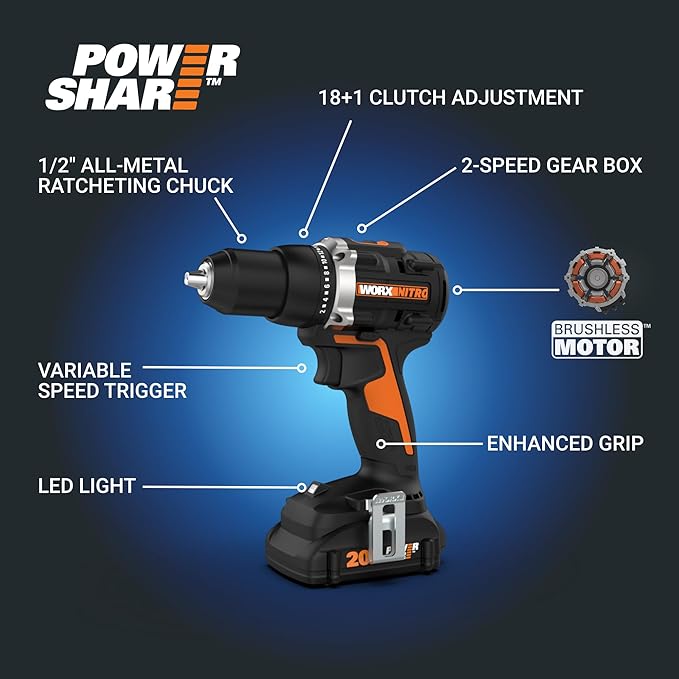 Worx WX102L Nitro Cordless Drill/Driver, Battery Included, 20 V, 2 Ah, 1/2 in Chuck, Ratcheting Chuck