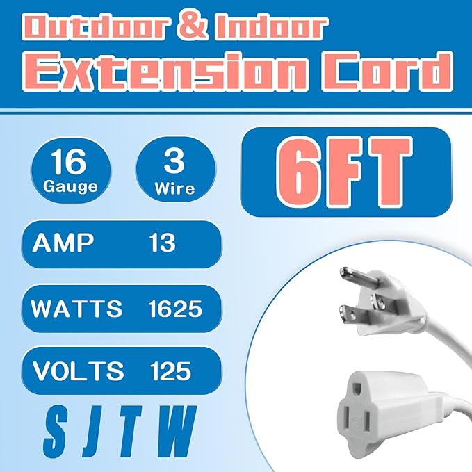 Indoor Outdoor Extension Cord 6 FT, 16/3 SJTW Weatherproof White Electrical Cords, 13 AMP Heavy Duty 3 Prong Power Cable Great for Garden, Landscaping & Holiday Decorations