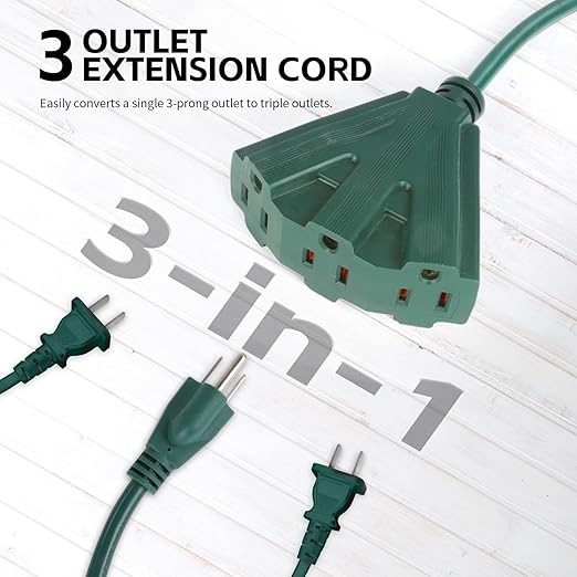 MaxWorks 80697 Heavy Duty 3-Ft Extension Cord, 16/3 SJTW, 3-Outlet, 125V/13A/1625W, ETL Approved, Indoor/Outdoor Use, Green – Converts 1 Outlet to 3