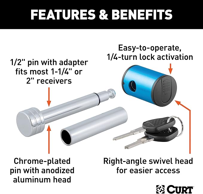 CURT 23506 Right-Angle Trailer Hitch Lock, 1/2-Inch Pin Diameter, 5/8-Inch Adapter, Fits 1-1/4 or 2-Inch Receiver