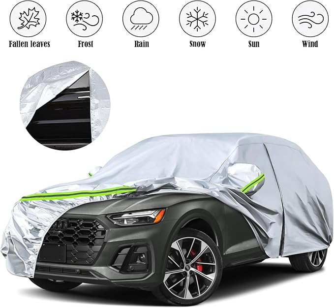 Waterproof Car Covers Replace for 2009-2025 Audi Q5/SQ5, 6 Layers Silver All Weather Custom-fit Car Cover with Zipper Door & Windproof Bands for Snow Rain Dust Hail Protection