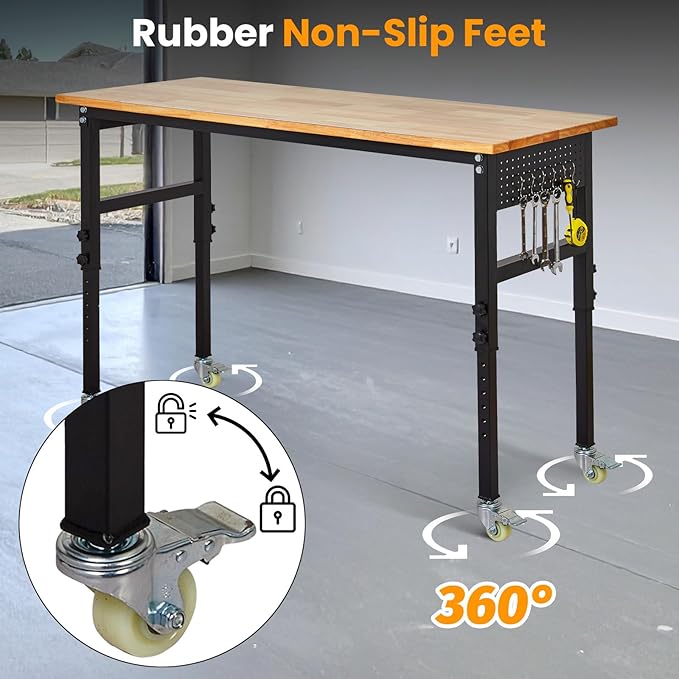 48" x 24" Heavy Duty Adjustable Workbench with Casters & Thickened Legs, 8-Level Height Adjustment, with Scale, Pegboard and Hooks, Rubberwood Worktable for Garage or Work
