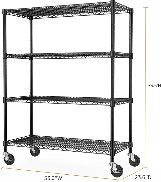 M MZG 53" W Storage Shelves 1760LBS 4 Tier Metal Shelving Unit with Wheels Heavy Duty Garage Shelving Adjustable Wire Shelves for Pantry,Kitchen,Garage,Basement,Black 23.6" D x 53.2" W x 73.6" H
