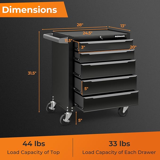 Goplus 5-Drawer Rolling Tool Chest, Steel Tool Storage Cabinet with Handle, Hanging Holes, Central Keyed Locking System, Universal Lockable Wheels, Tool Organizer Box for Garage Workshop