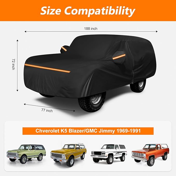 Car Cover for Chverolet K5 Blazer/GMC Jimmy 1969-1991 420D Oxford Cloth and Cotton Car Cover Waterproof All Weather with Zipper Windproof Heavy Duty All Weather with Wind, Sun, UV and Dust Protection