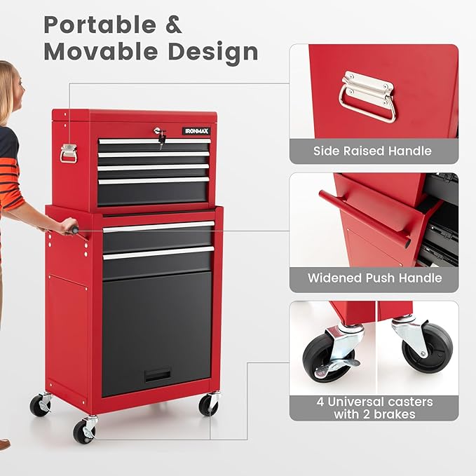 ERGOMASTER Rolling Tool Chest Cabinet Big Capacity Storage with Wheels and Lock Key, Portable Tool-Box Organizer with Sliding Drawers - 6 Drawers & BlackRed
