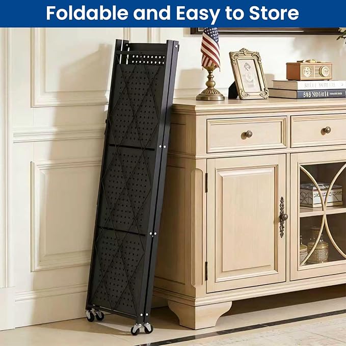 4 Tier Foldable Storage Shelf with Wheels, Collapsible Metal Rack Shelving Unit, No Assembly Required, Rolling Cart Shelf Rack Organizer for Books, Garage, Kitchen, Closet, Pantry, Exhibition, Black