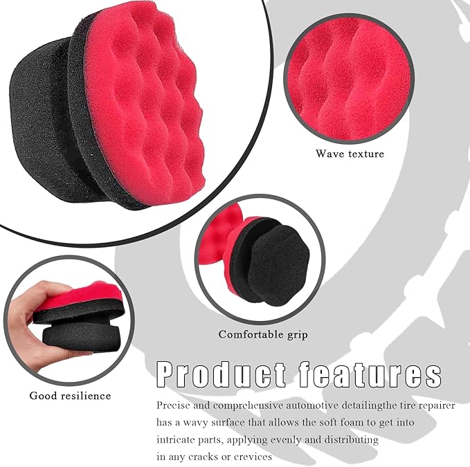 KVAEY 2 PCS Tire Dressing Applicator Pads, Reusable Hex Grip Tire Shine Applicator Polishing Sponge Pads, Wheel Tire Shine Detailing Foam for Most Vehicles, Car Accessories (Red, 4.33")