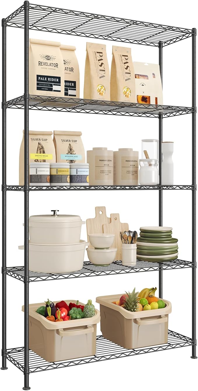 SONGMICS Storage Shelf, Metal Wire Shelving Unit, Adjustable Shelves, for Garage, Bedroom, Living Room, Kitchen, Pantry, 5 Tier, 11.8 x 35.4 x 63 Inches, Ink Black ULGR195BH01S